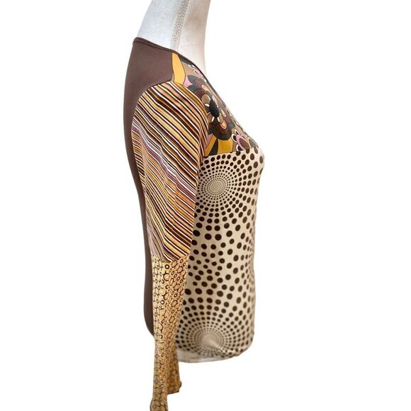 Lapis multi print bell sleeve cotton top beaded in cream/ browns/mauve sz small - Picture 2 of 11